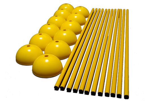 Yellow slalom training set with dome cones and poles on white background