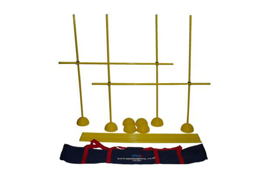 Warrior Agility Slalom Domes & Poles set with yellow dome cones and poles on black carrying bag with red straps