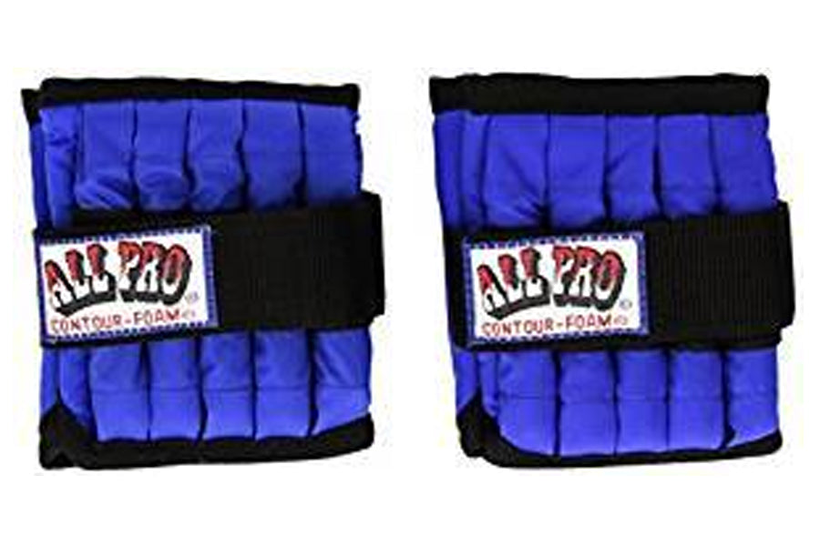 Blue and black padded weight wrist wraps with All Pro contour foam label, shown as pair on white background