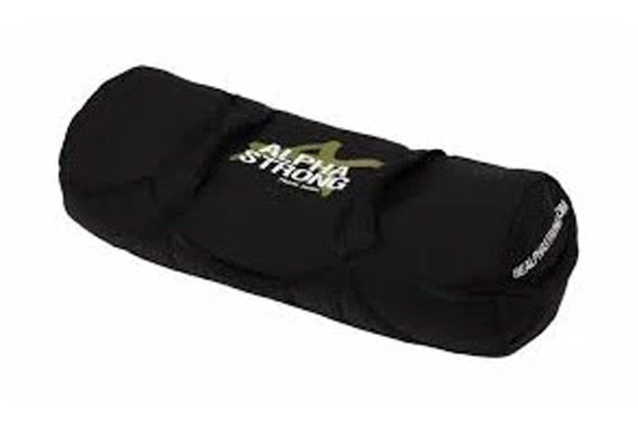 Black cylindrical sand bag with "Alpha Strong" gold logo and text on center panel, flat lay on white background