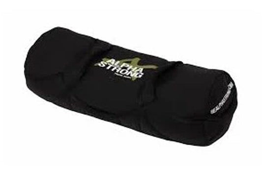 Black cylindrical sand bag with "Alpha Strong" gold logo and text on center panel, flat lay on white background