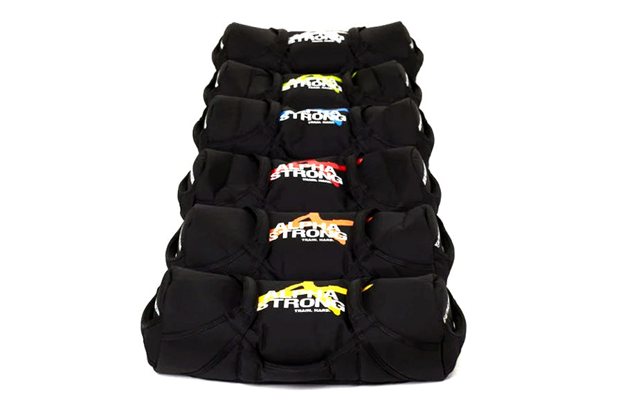 Black training sandbag with multicolored logo designs stacked on white background, front view