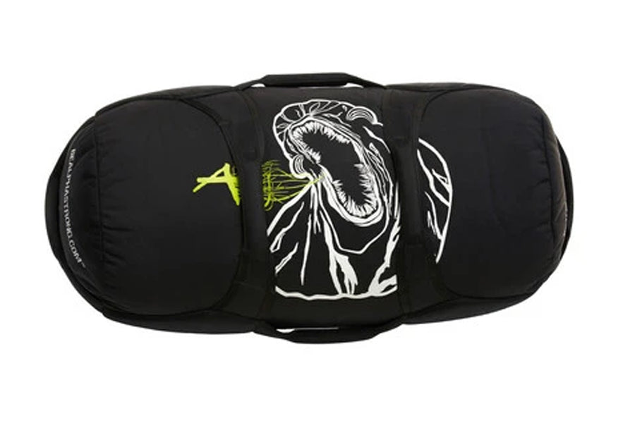 Black sand bag with white mouth graphic and yellow accents, front view on white background
