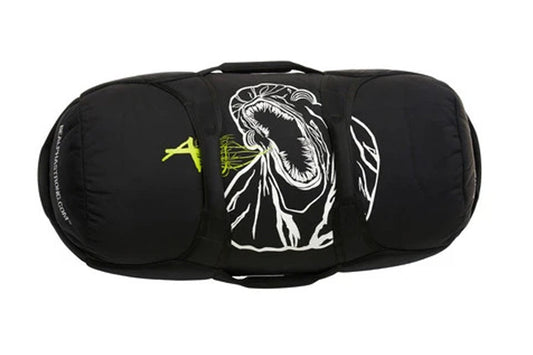 Black sand bag with white mouth graphic and yellow accents, front view on white background