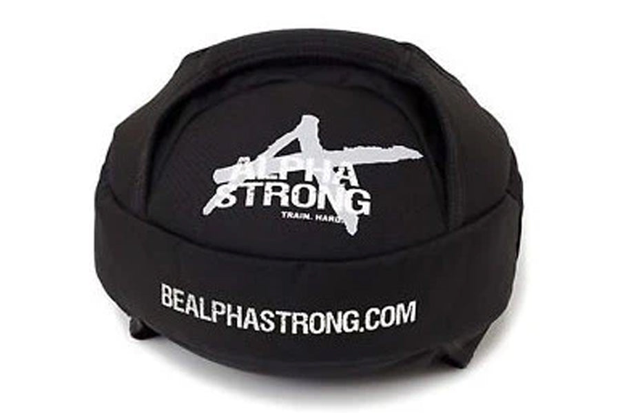 Black sand bag with white "Strong" graphic and "BeAlphaStrong.com" text printed on side, flat lay view