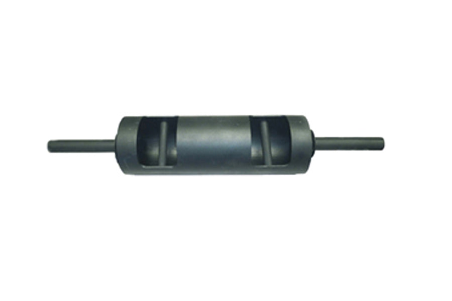 Black steel foam roller with textured grooves and cylindrical handles on both ends, shown on white background