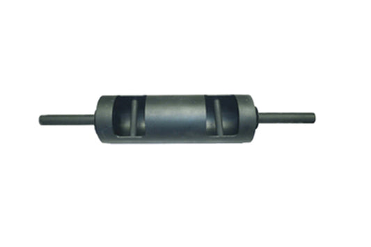 Black steel foam roller with textured grooves and cylindrical handles on both ends, shown on white background