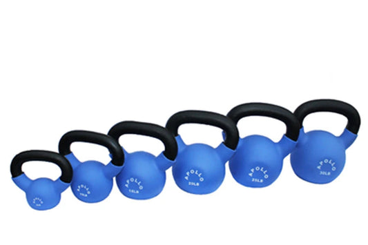 Set of six blue rubber-coated kettlebells with black handles in increasing sizes on white background