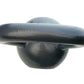 Dark gray cast iron kettlebell with elongated handle and rubber base on white background