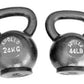 Pair of Apollo cast iron kettlebells with gray handles, labeled 24kg and 44lb, rubber base on white background
