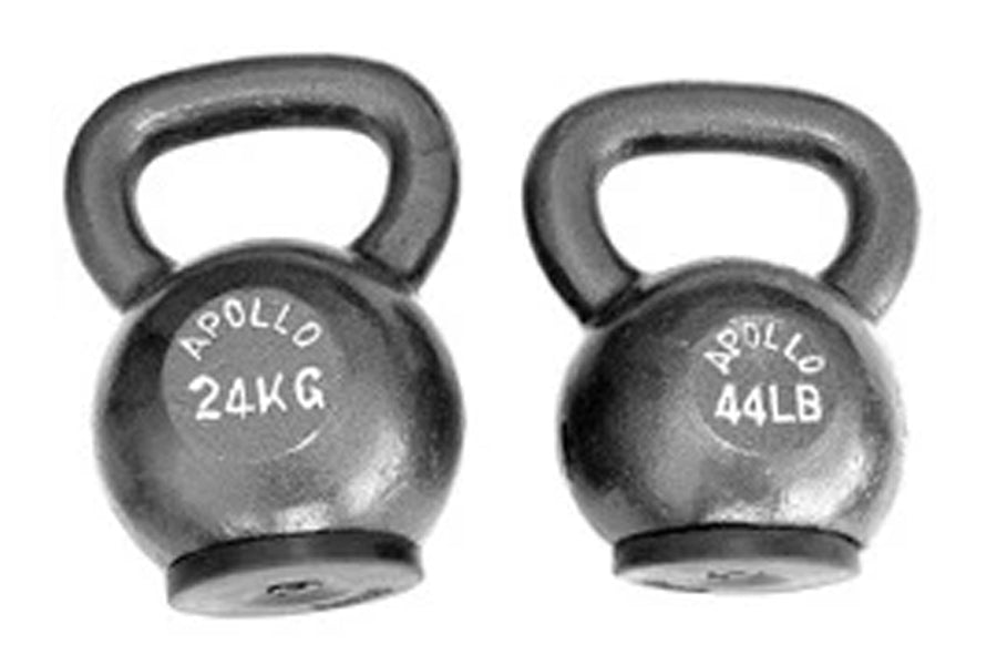 Pair of Apollo cast iron kettlebells with gray handles, labeled 24kg and 44lb, rubber base on white background