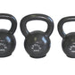 Three black cast iron Apollo kettlebells labeled 24kg, 20kg, and 16kg with handles, displayed on white background