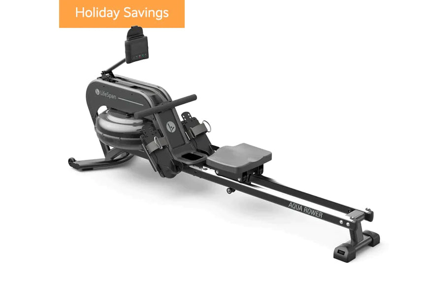 Black water rowing machine with digital monitor, footrest, and extended rail base on white background
