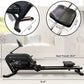 LifeSpan AquaVitae water rower with black frame and seat, shown with dimension callouts and detail circles highlighting footr
