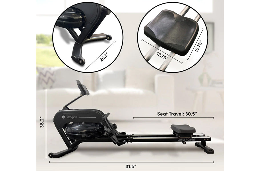 LifeSpan AquaVitae water rower with black frame and seat, shown with dimension callouts and detail circles highlighting footr