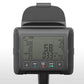 Black digital rowing machine console with LCD display showing workout metrics and control buttons on white background