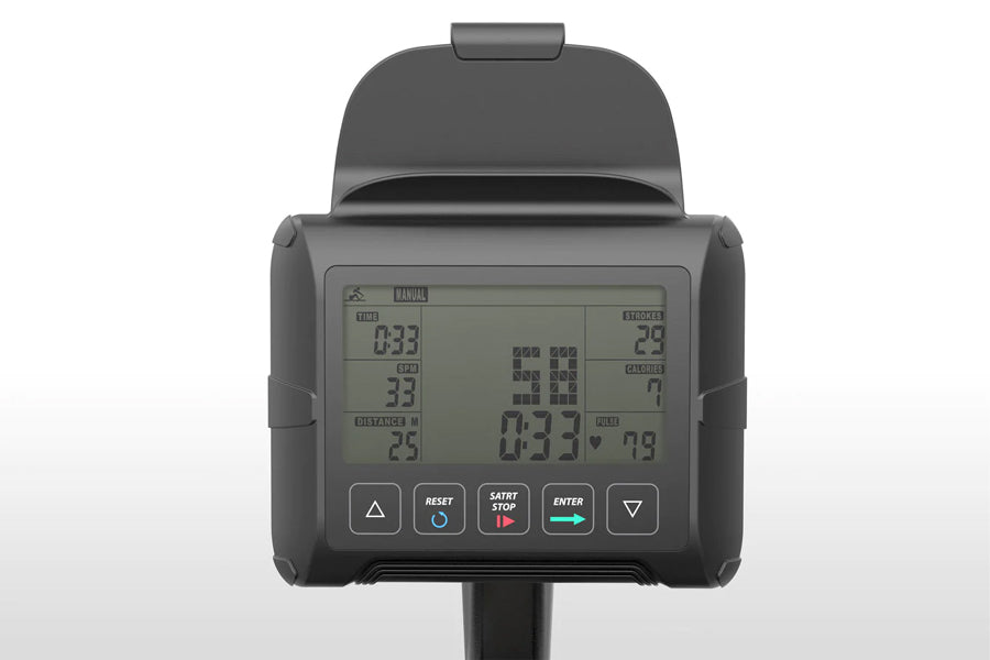 Black digital rowing machine console with LCD display showing workout metrics and control buttons on white background
