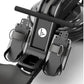Black water rower with dual handle grips, digital display console, and resistance chamber, overhead view on white background