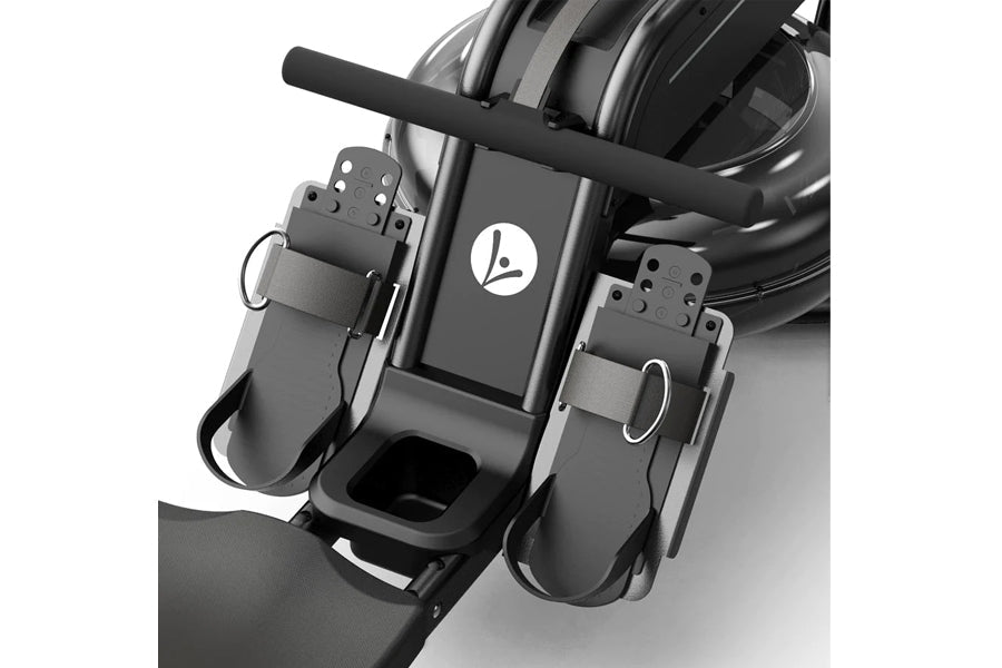 Black water rower with dual handle grips, digital display console, and resistance chamber, overhead view on white background
