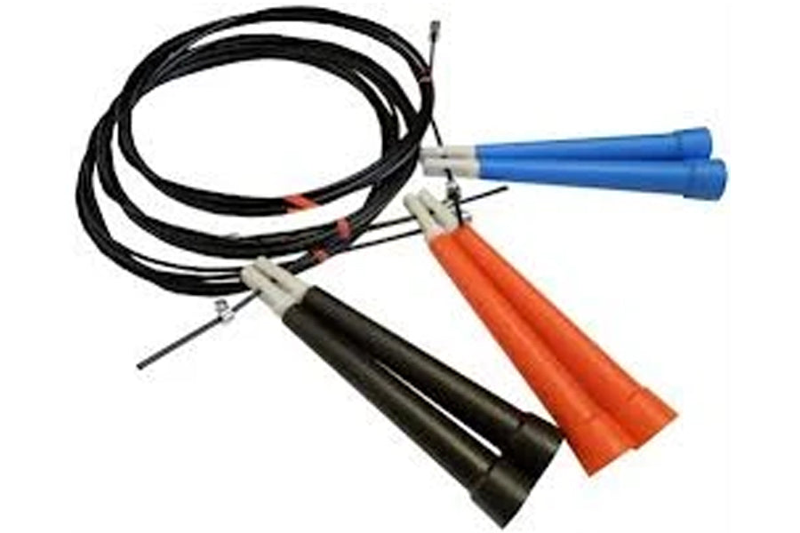 Warrior Assorted Jump Ropes with three handles in blue, orange, and black with black cords on white background