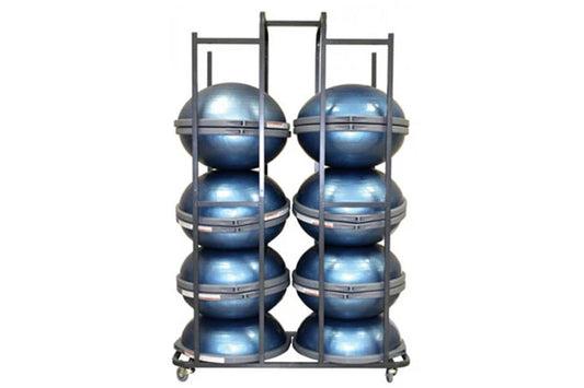Bosu ball storage rack with eight blue metallic balance balls stacked in two columns, black metal frame with casters on white