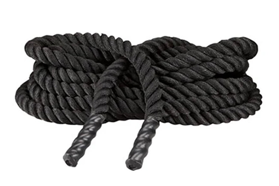 Black twisted battle rope with thick braided nylon construction and reinforced handles, shown coiled on white background