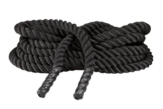 Black twisted battle rope with thick braided nylon construction and reinforced handles, shown coiled on white background