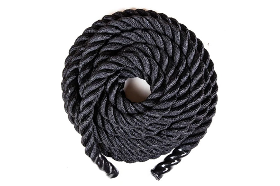 Warrior Battle Rope Graphite coiled with metal anchor on white background