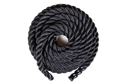 Warrior Battle Rope Graphite coiled with metal anchor on white background