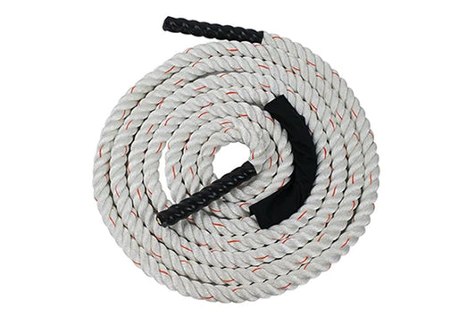 White twisted battle rope with red tracer strands and black braided handles on ends, coiled on white background