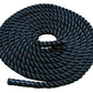 Coiled black twisted battle rope with thick diameter on white background