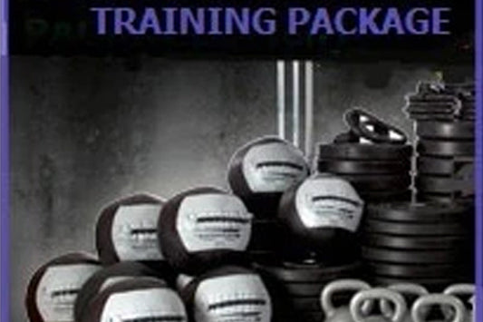 Medicine balls with text labels and stacked weight plates, training package displayed on dark background
