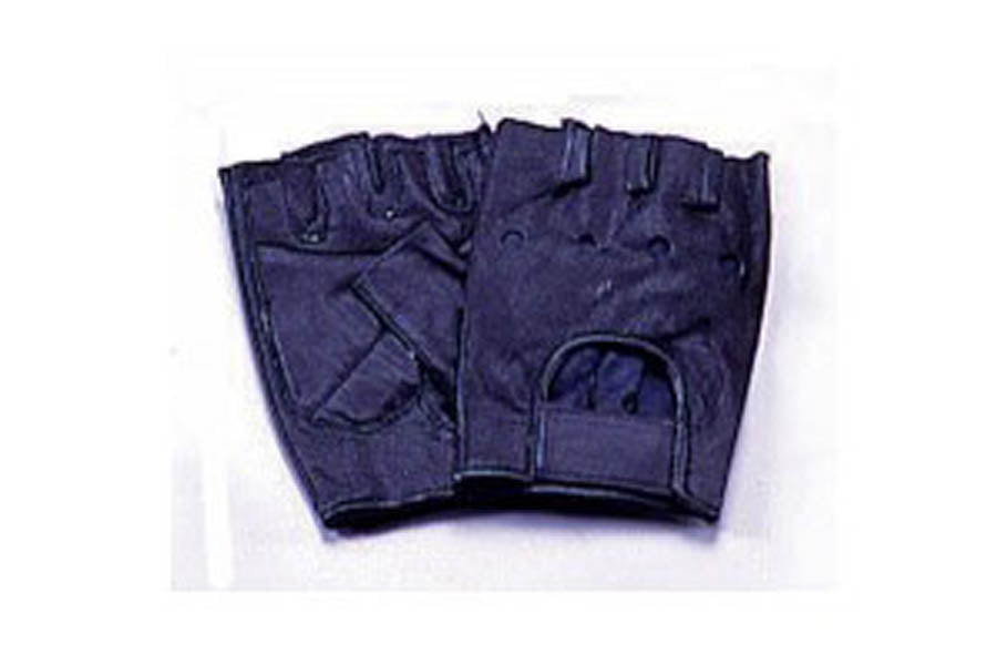 Navy blue leather fingerless gloves with cutout palm openings, flat lay on white background