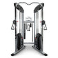 Silver and black dual cable machine functional trainer with weight stacks, hanging handles, and digital display on white back
