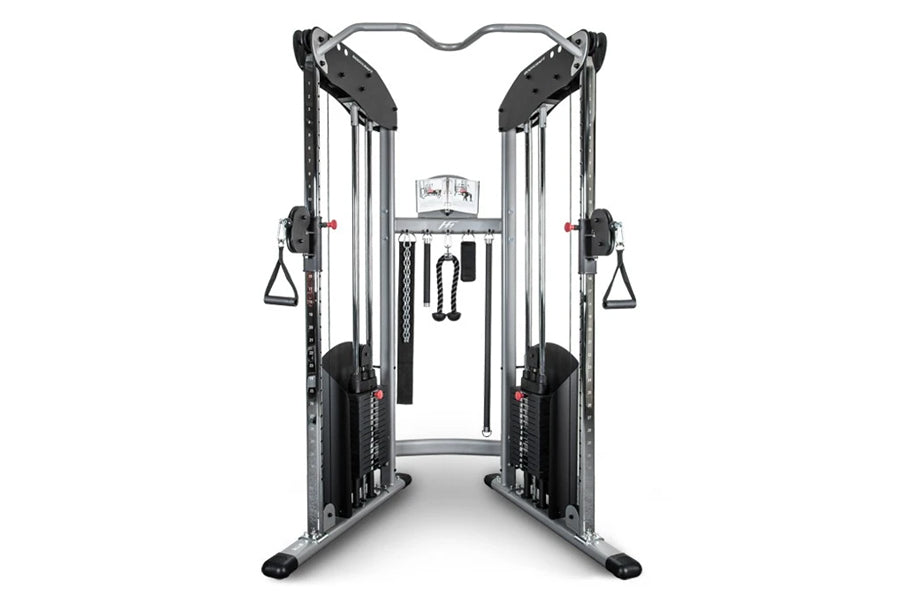 Silver and black dual cable machine functional trainer with weight stacks, hanging handles, and digital display on white back