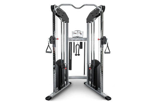 Silver and black dual cable machine functional trainer with weight stacks, hanging handles, and digital display on white back
