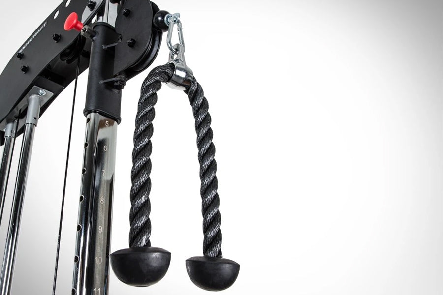 BodyCraft HFT functional trainer cable machine with black twisted rope handles and round rubber grip attachments on white bac