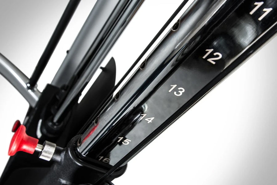 Black weight plate rack with numbered plates (71-16), red pin selector, on white background