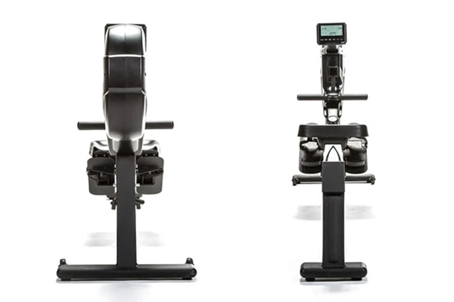 Black BodyCraft VR400 Pro rowing machine with digital display console, footrest pedals, and handle bar, front and back views 