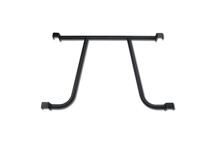 Black metal dip attachment with horizontal top bar and curved leg supports on white background