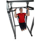 Man performing dip exercise on Body-Solid gray and black metal dip attachment with pull-up bar, worn with red shirt and black