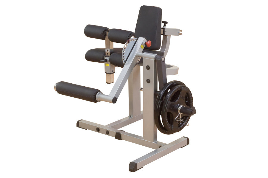 Beige and black leg extension and curl machine with padded black seat, footrest, and weight plate attachment on white backgro