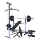 Multi-station weight bench with silver frame, black cushioned seat and backrest, barbell bar with black weight plates, cable 
