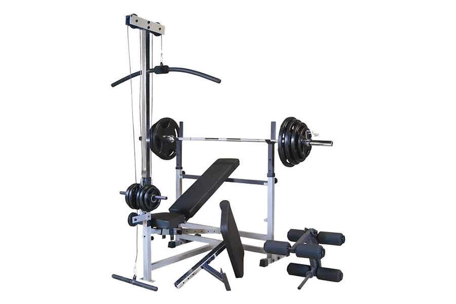 Multi-station weight bench with silver frame, black cushioned seat and backrest, barbell bar with black weight plates, cable 