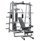 Smith machine with silver steel frame, black padded bench seat, and multiple barbell stations on white background