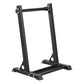 Black metal aerobic body bar storage rack with two vertical posts, horizontal top bar, and rectangular base on white backgrou
