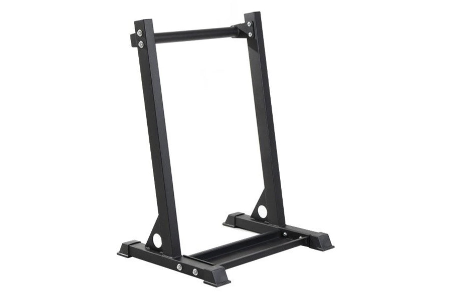 Black metal aerobic body bar storage rack with two vertical posts, horizontal top bar, and rectangular base on white backgrou