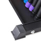 Black aerobic body bar storage rack with four black bar holders and blue and purple grip caps, shown on white background