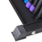 Black dumbbell rack with purple and blue weight bar holders, metal bolts, on white background