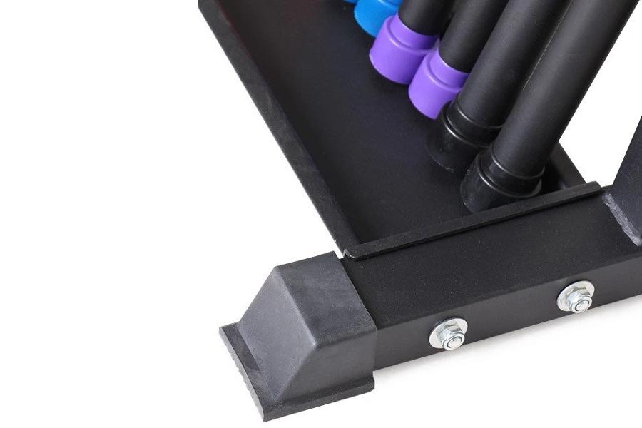 Black dumbbell rack with purple and blue weight bar holders, metal bolts, on white background